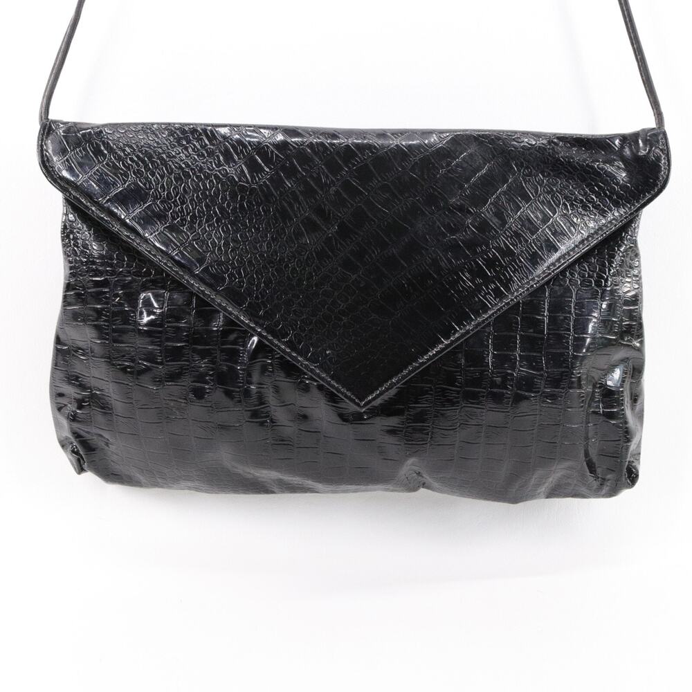 Elegant Evening Handbag Women Black Croc Patent Envelope Purse Shoulder Bag